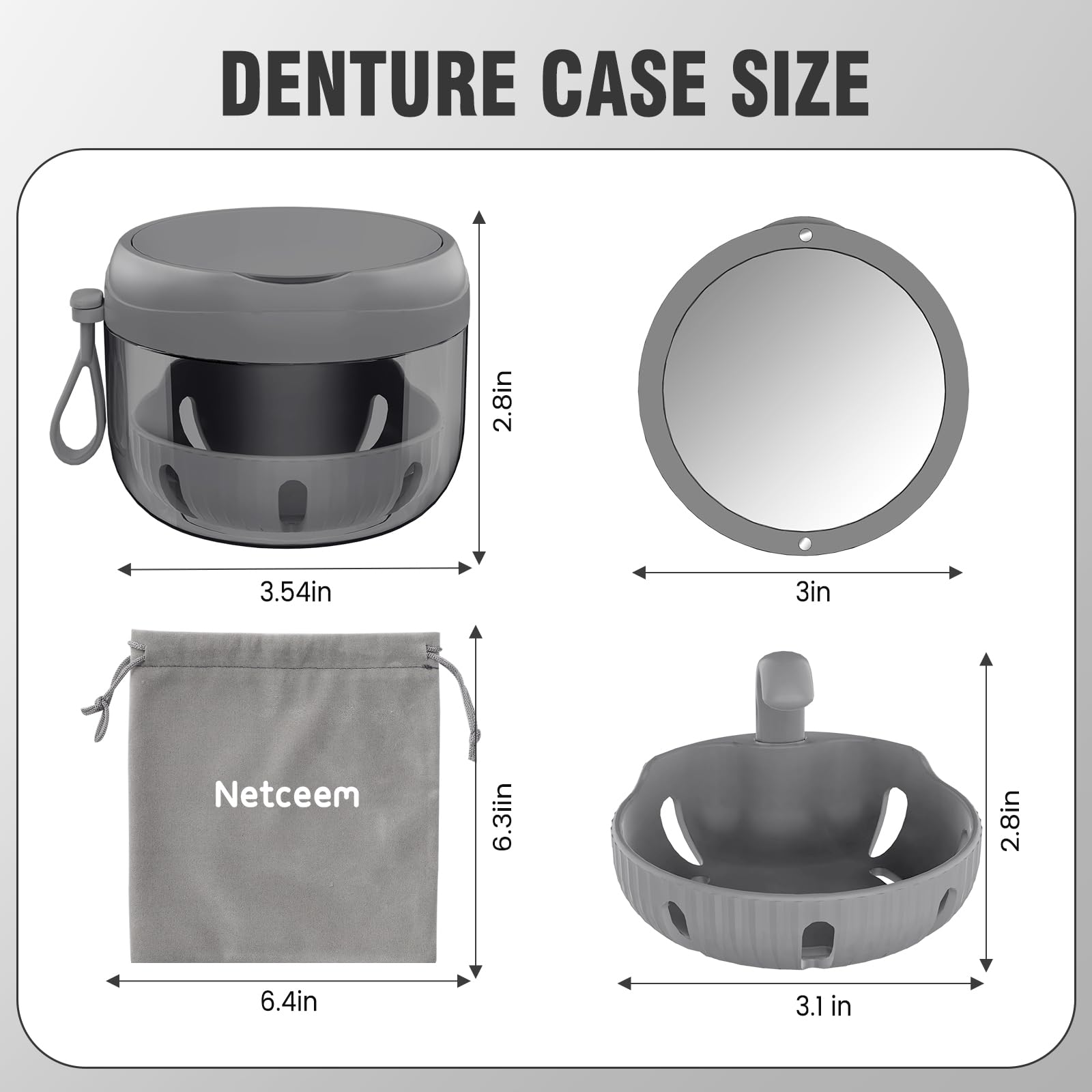 Portable denture cup with wrist strap and drawstring pouch