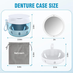Compact denture cup dimensions 3.7 x 3.7 x 2.9 inches with carry pouch