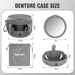 Portable denture cup with wrist strap and drawstring pouch