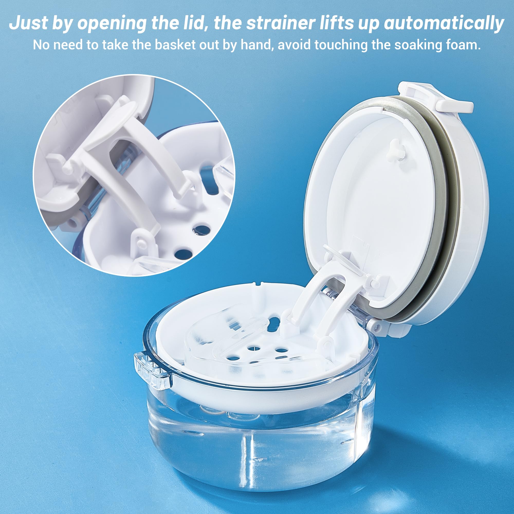 Removal tool and cleaning brush included with the denture bath box