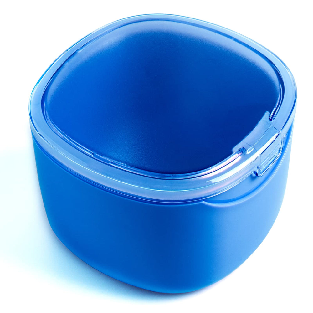 Blue denture bath case with lid