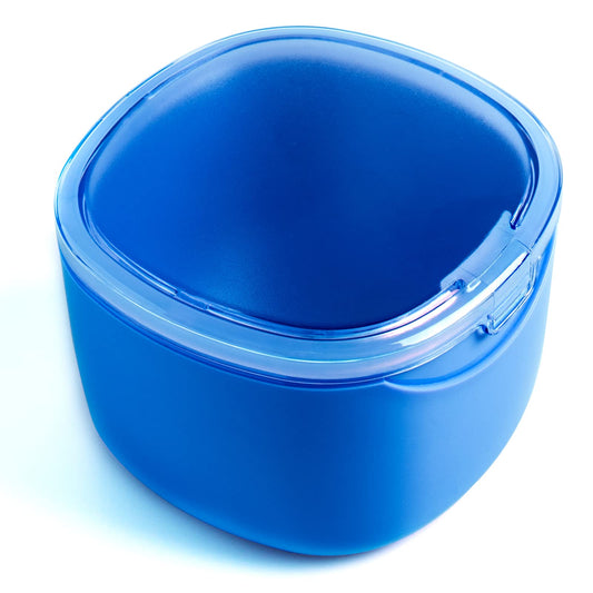Blue denture bath case with lid
