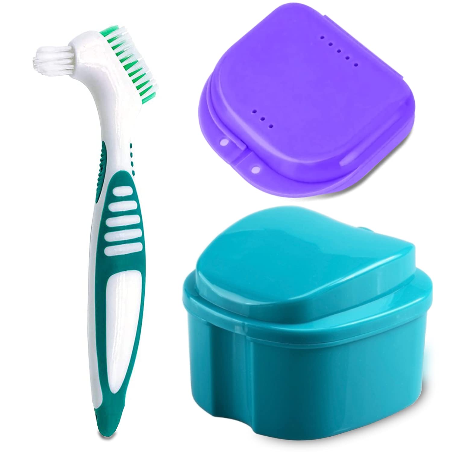 Blue denture bath case cup with denture cleaner brush and retainer holder box