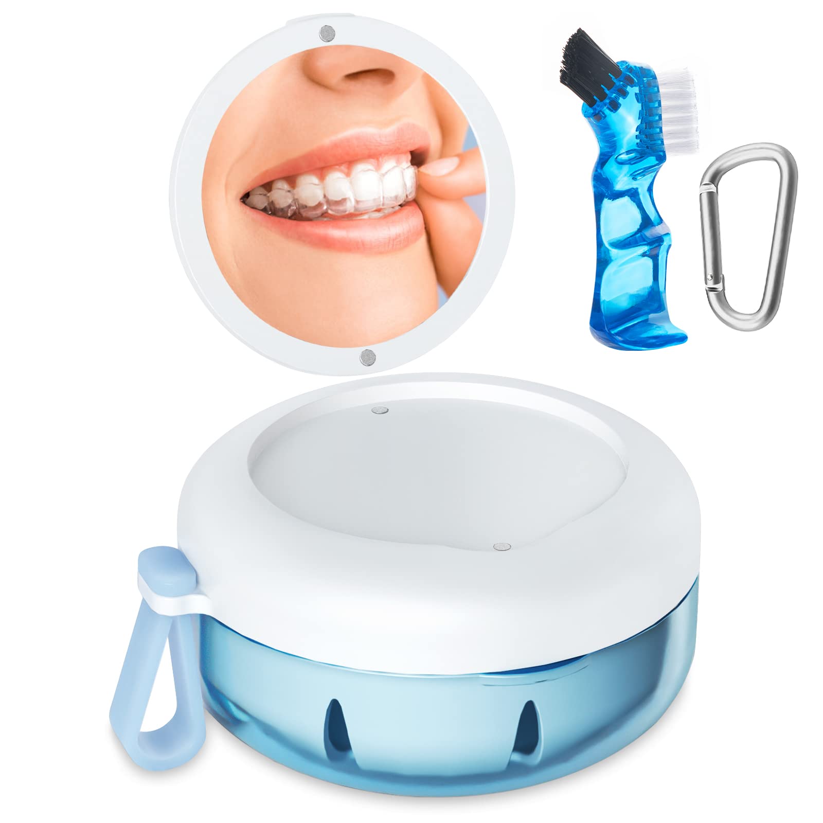 Blue denture bath case showing leak-proof seal and rotary lid