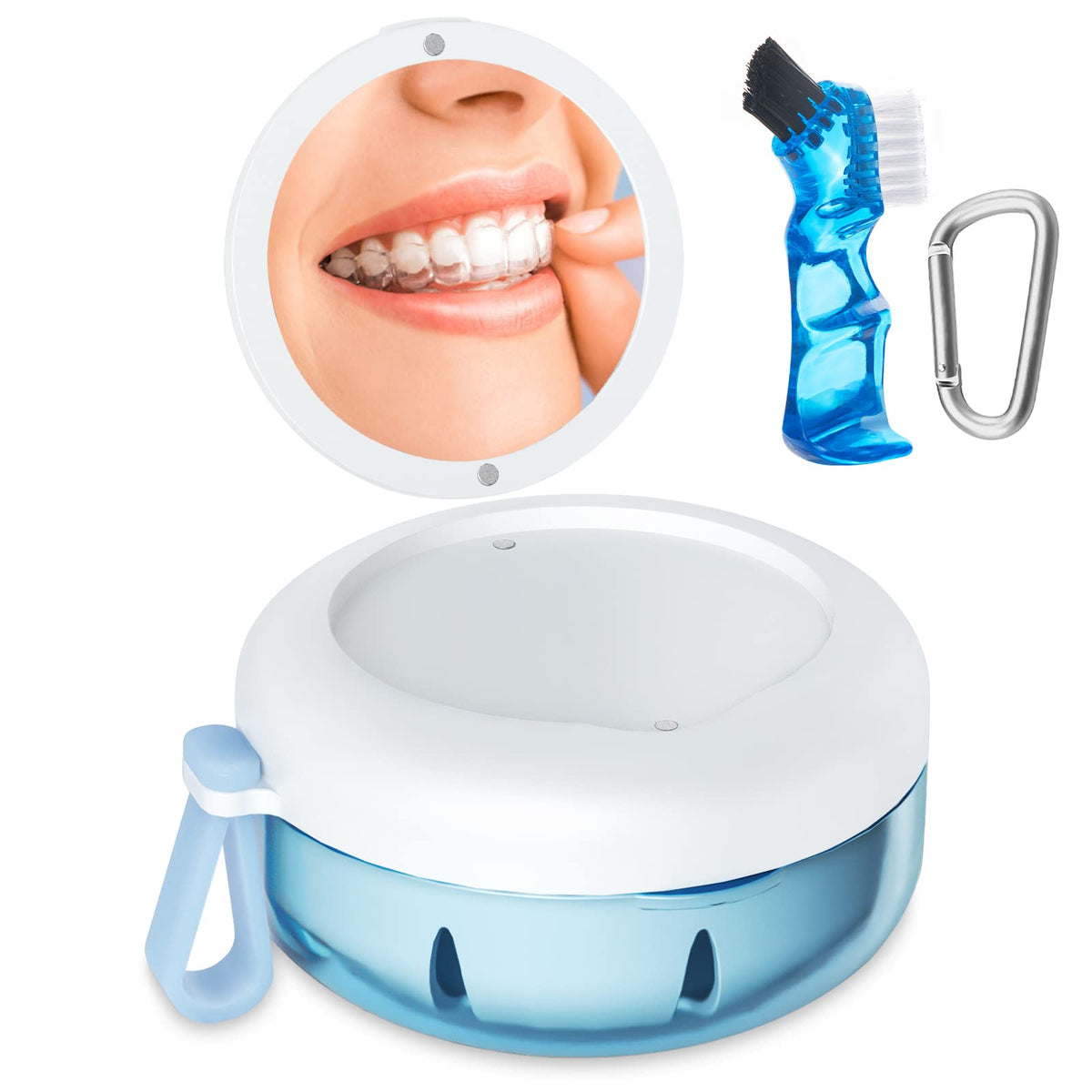 Blue denture bath case showing leak-proof seal and rotary lid