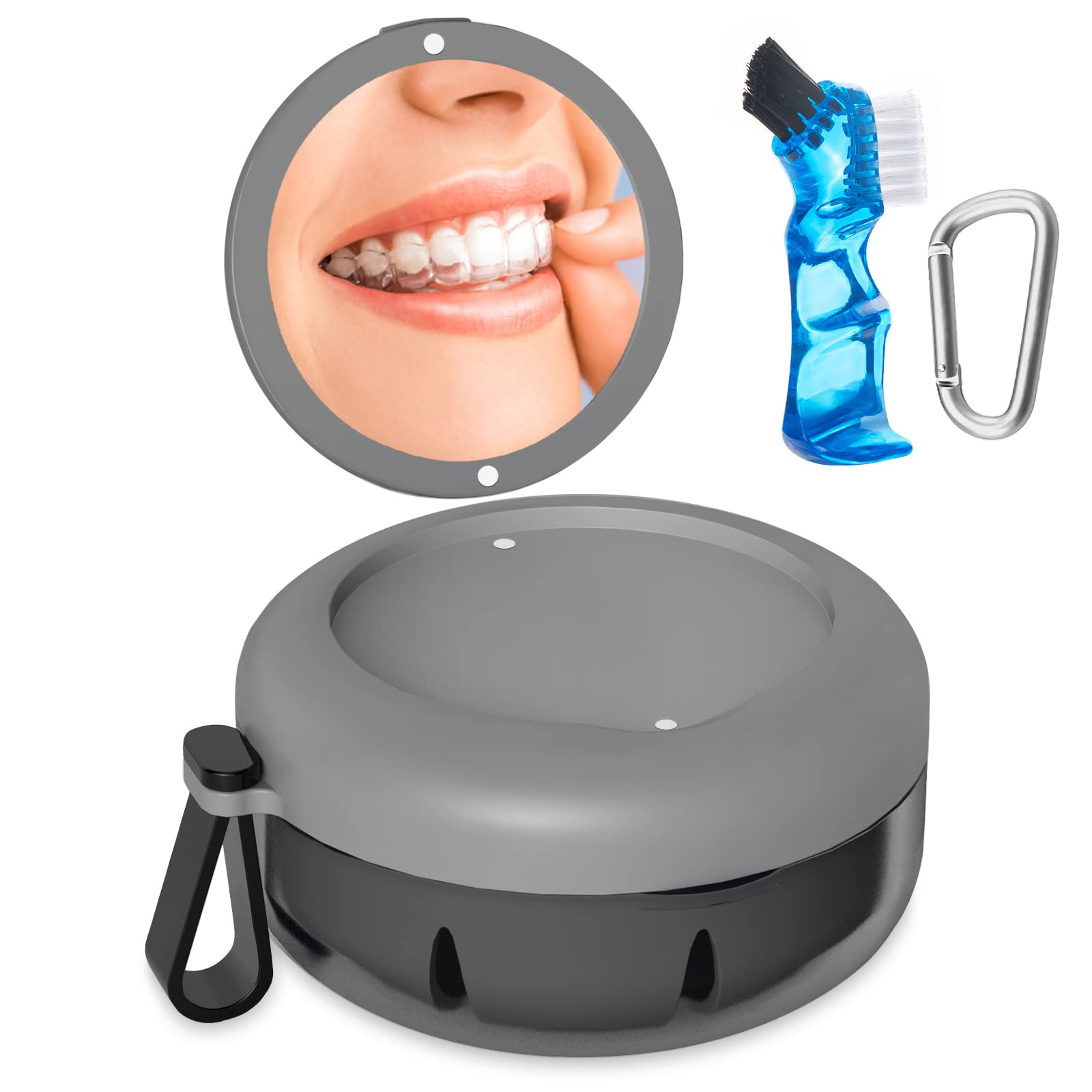 Gray denture bath case with closed lid
