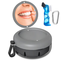 Gray denture bath case with closed lid