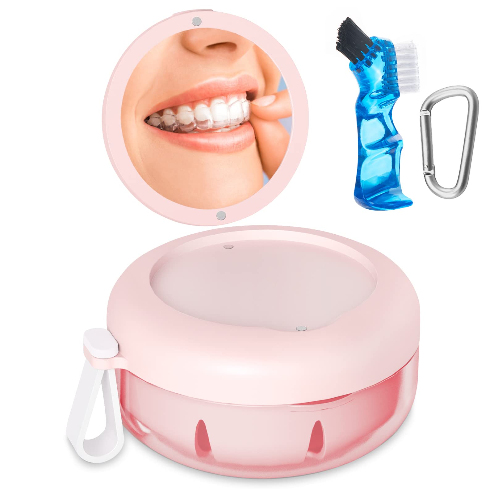 Pink denture bath case with leak-proof seal