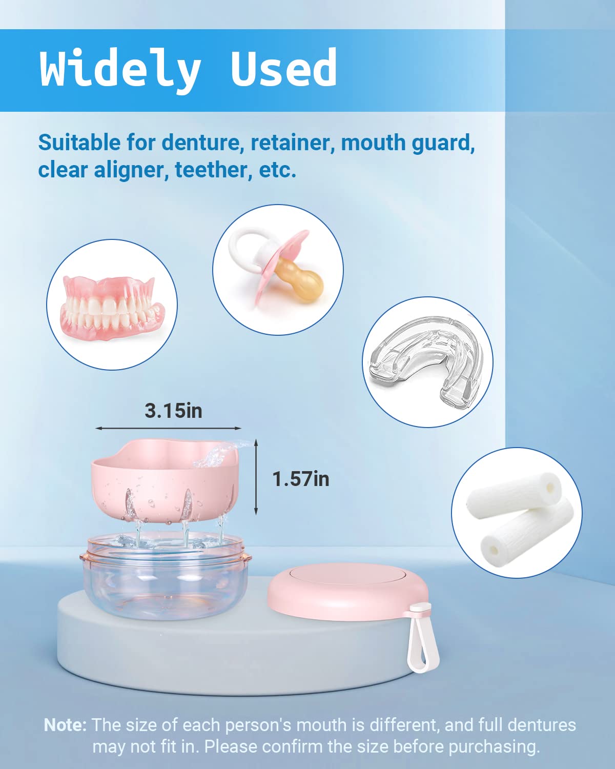 Compact pink denture box dimensions 3.74 x 3.74 x 1.96 inches