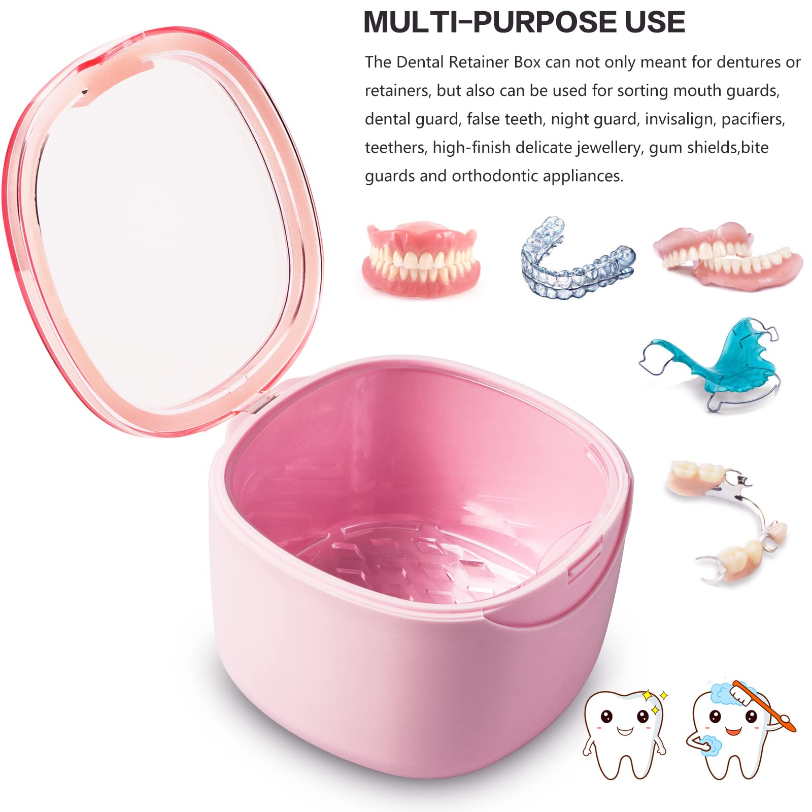 Pink denture bath case open showing rinsing basket