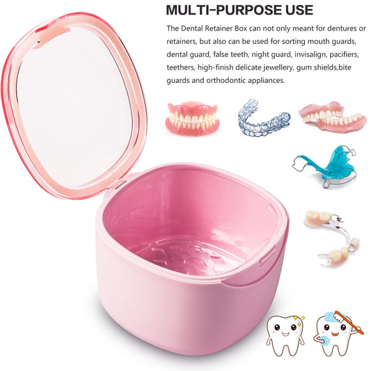 Pink denture bath case open showing rinsing basket