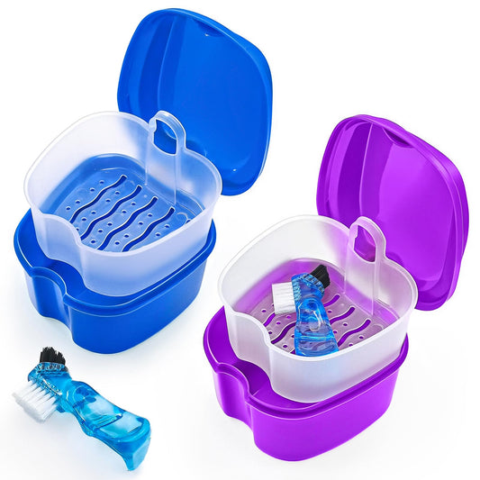 2-pack denture bath case set in purple and dark blue with integrated brush