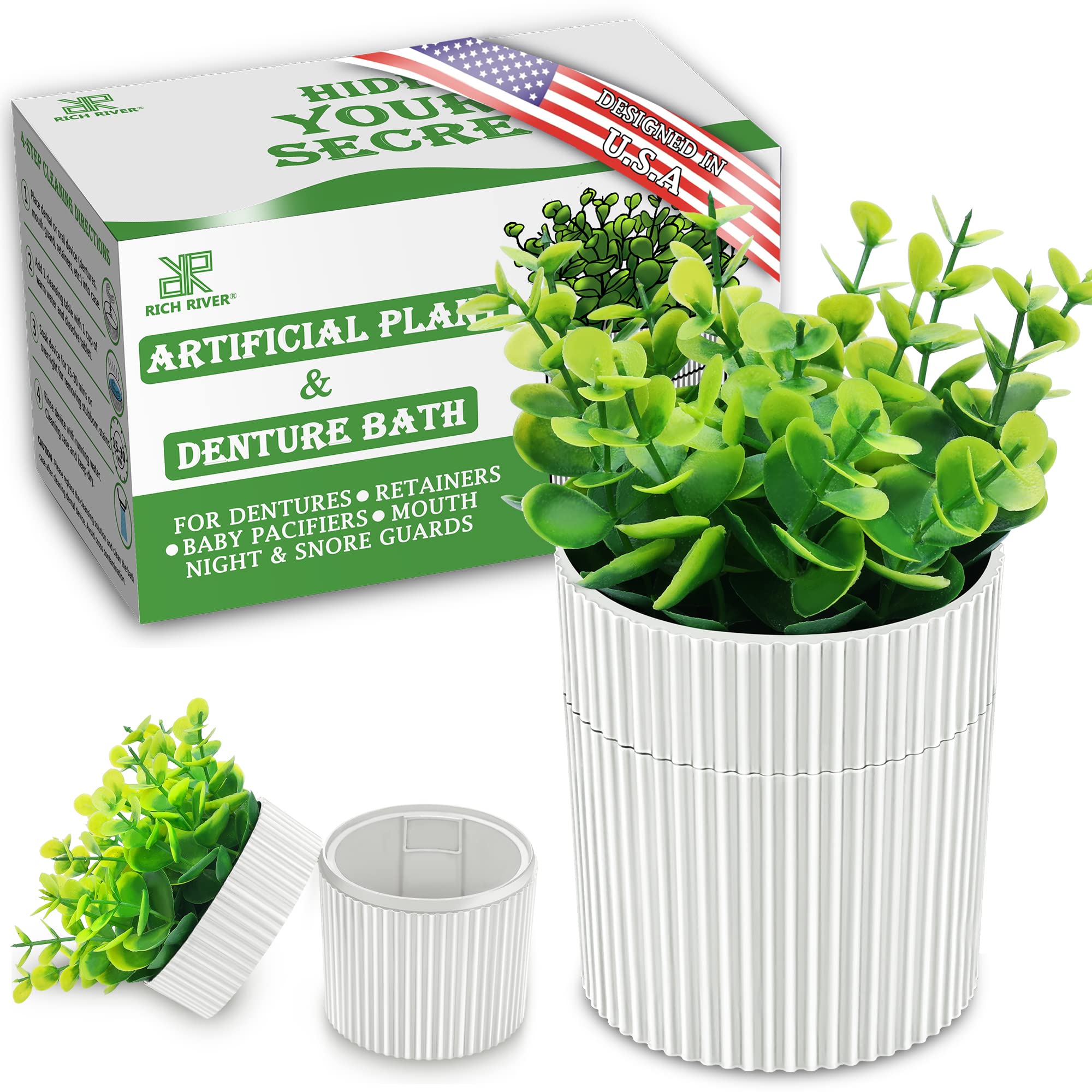 Front view of denture bath disguised as artificial eucalyptus plant