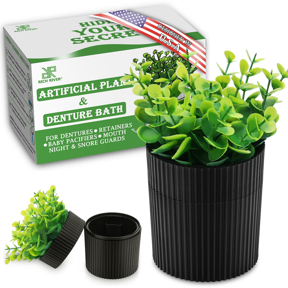Denture bath case disguised as artificial eucalyptus plant in pot (front view)