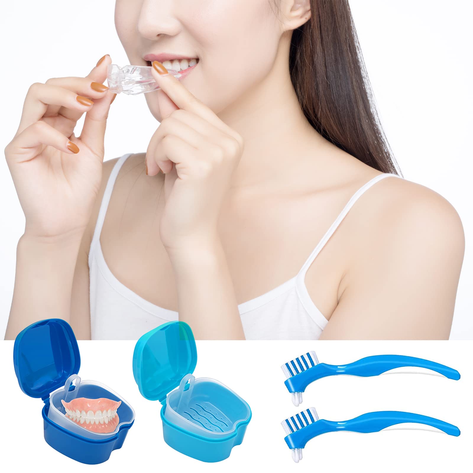 Denture care set being used to clean dentures and retainers