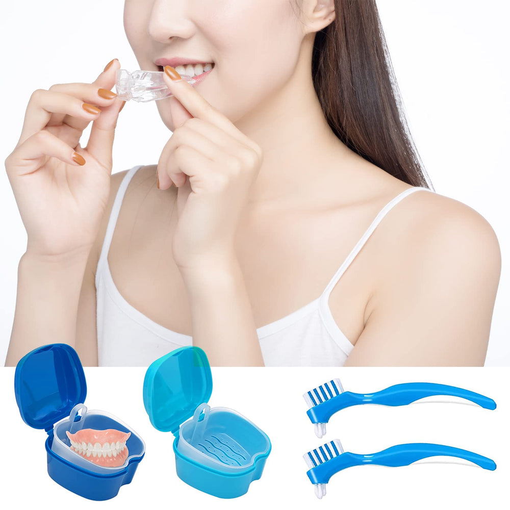 Denture care set being used to clean dentures and retainers