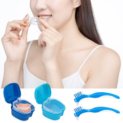 Denture care set being used to clean dentures and retainers