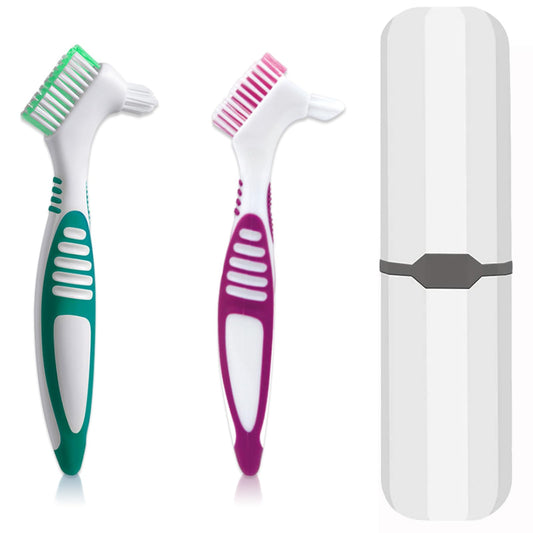 Two-piece denture brush set with white carrying case