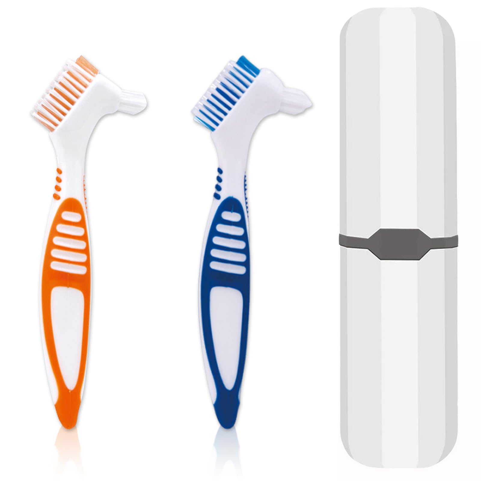 Denture brush set with white carrying case (2 pieces)