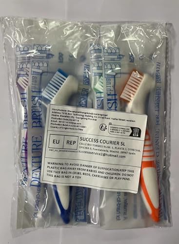 Product packaging showing four denture brushes in a kit