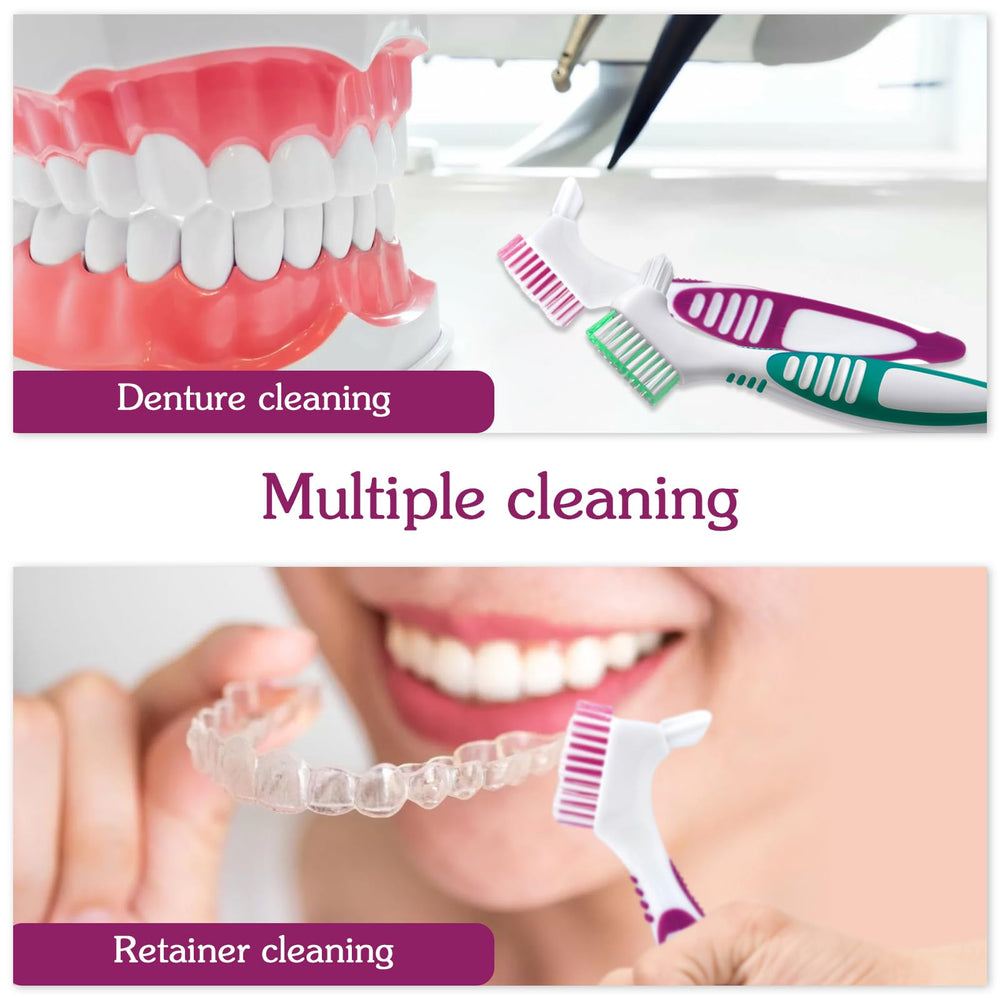 Denture cleaning brush being used on false teeth