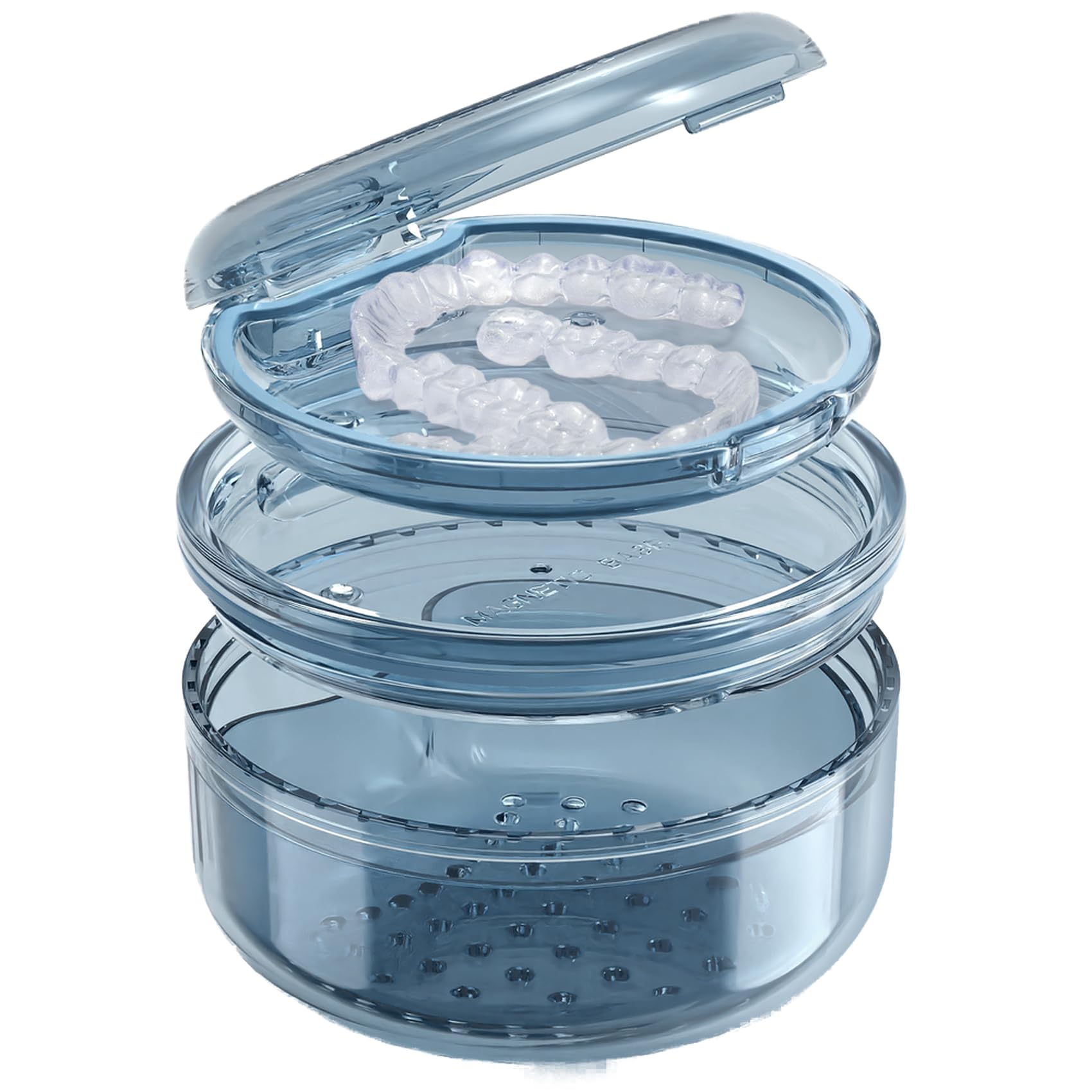 Two-layer denture case showing lower soaking box and upper storage compartment
