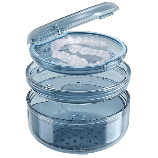 Two-layer denture case showing lower soaking box and upper storage compartment