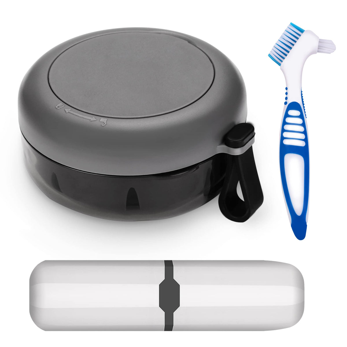 Denture case in black with built-in brush set - front view