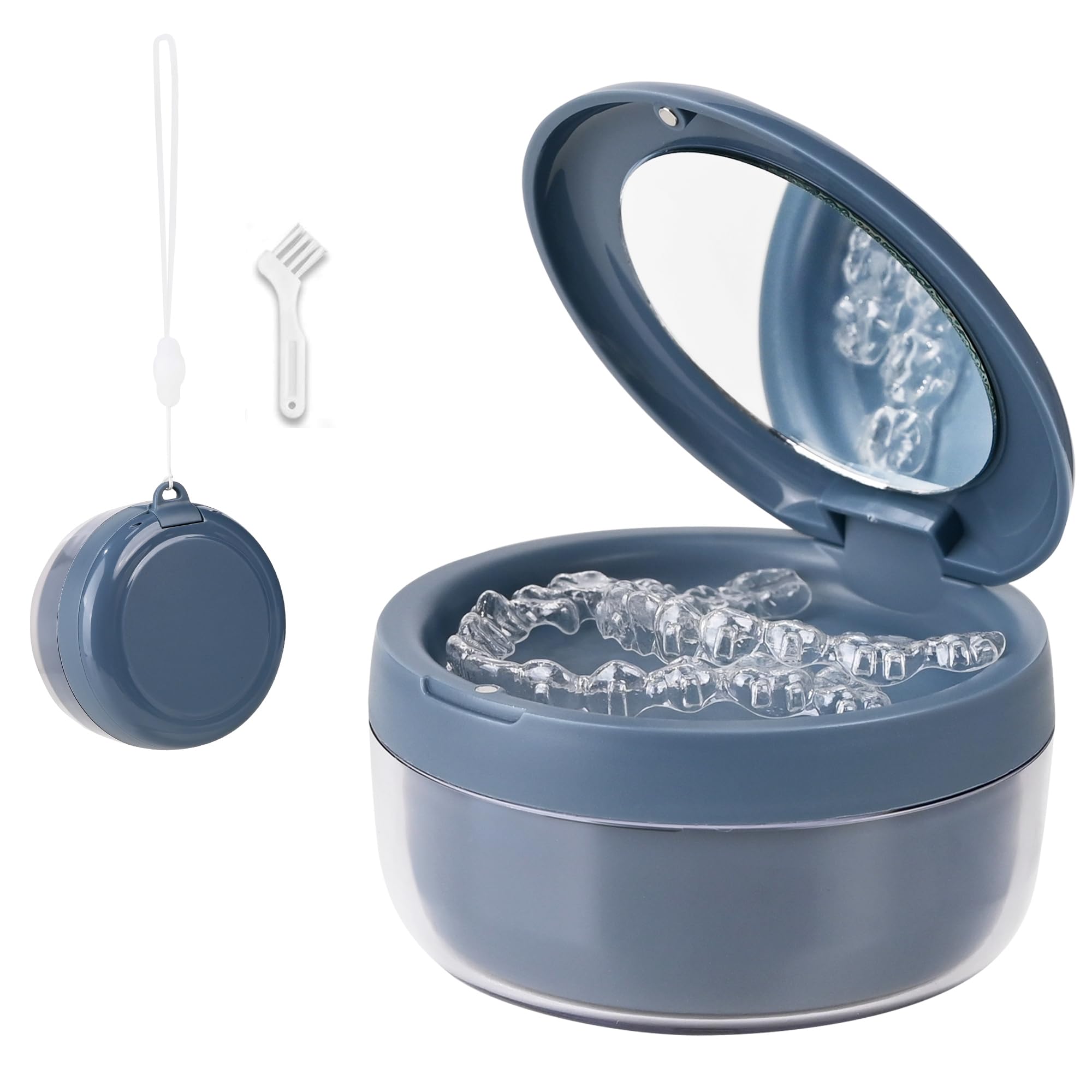Blue denture case with leak-proof screw-top lid