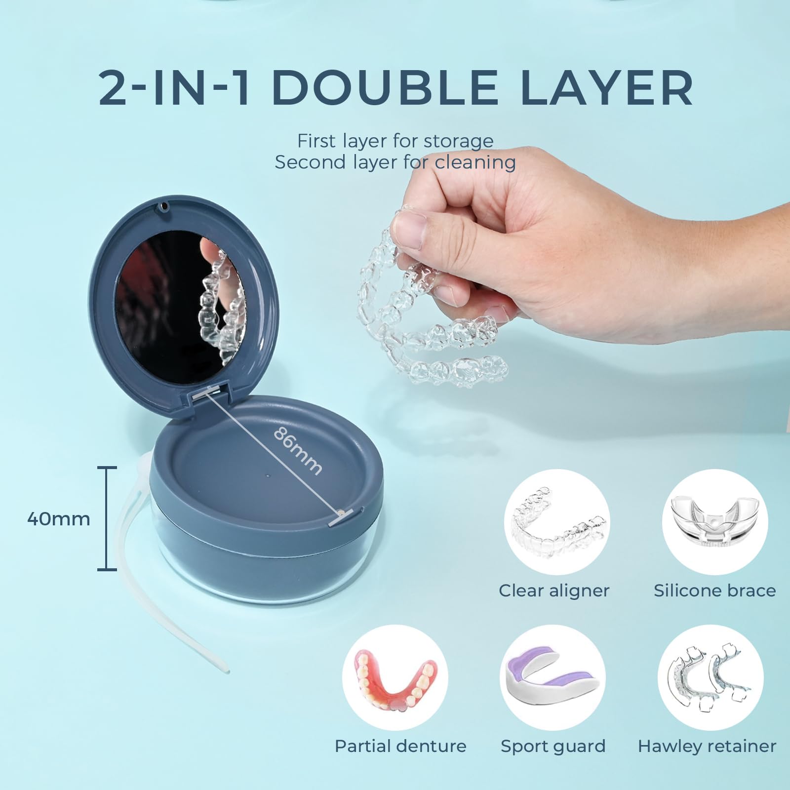 Compact mirror and lanyard for portable denture care