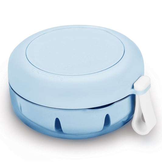 Blue leak-proof travel denture case with twist-open lid