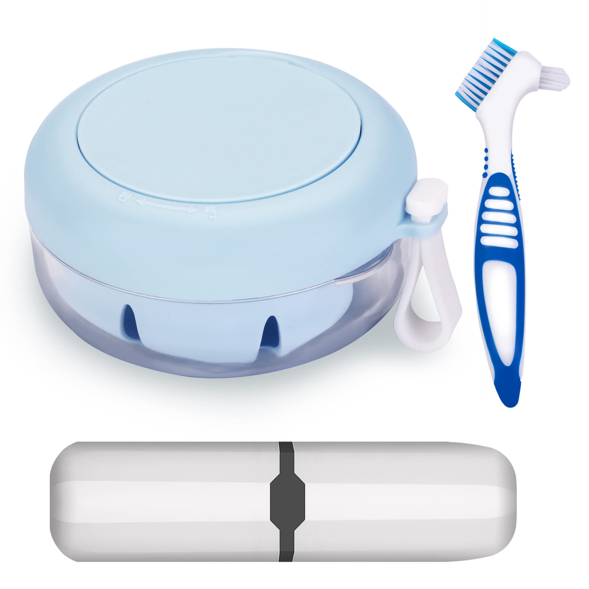 Denture case with integrated brush and portable box in blue
