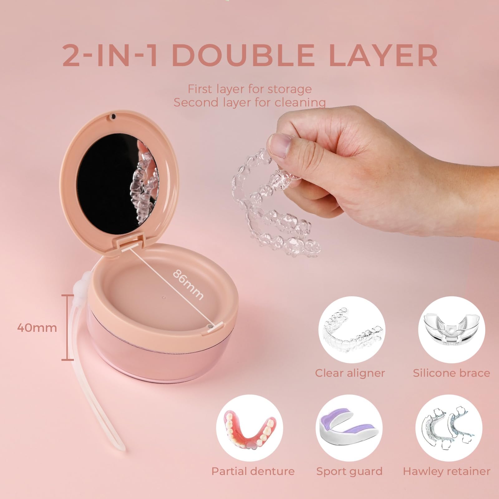Built-in mirror and travel-friendly lanyard in denture case