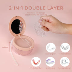 Built-in mirror and travel-friendly lanyard in denture case