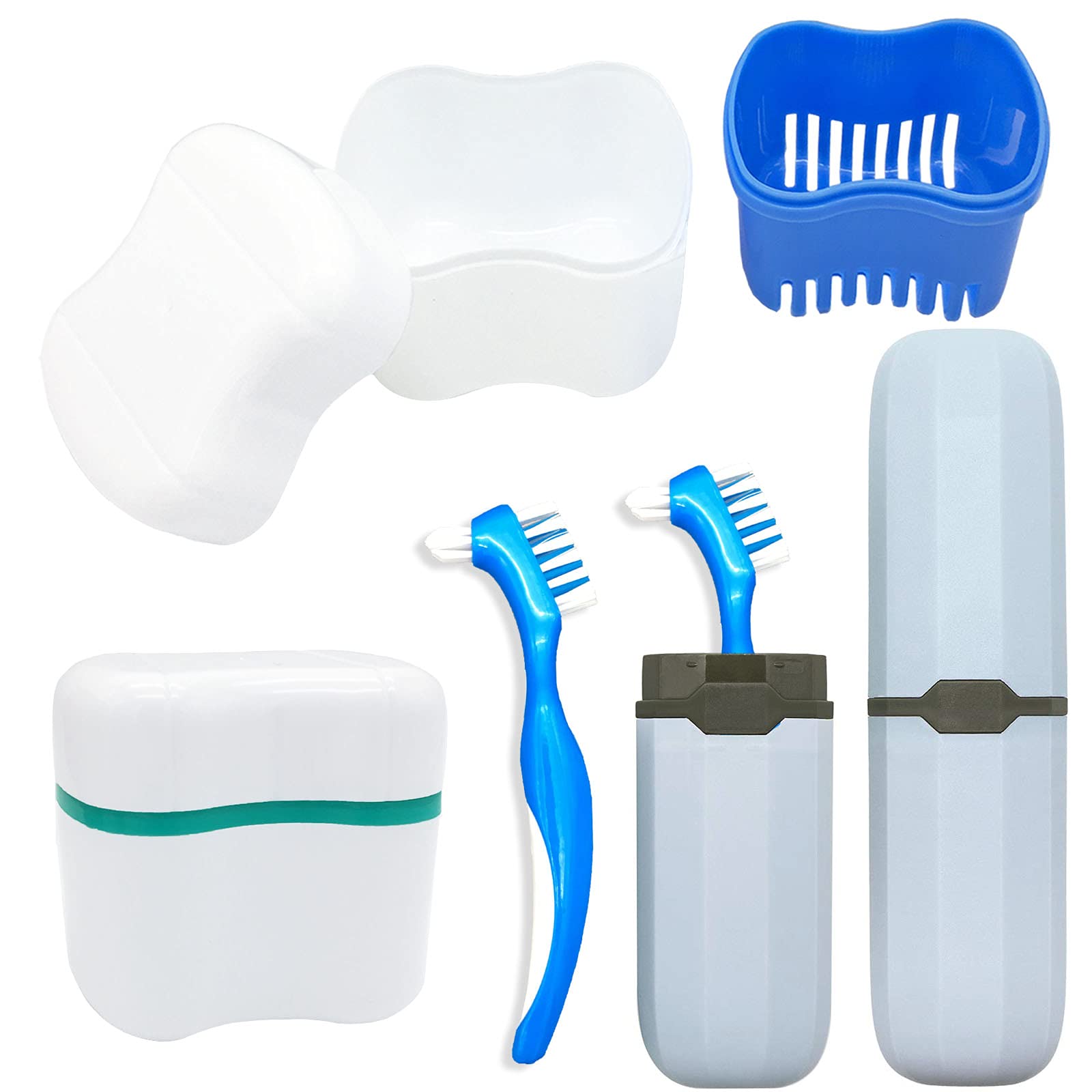 Green and blue denture bath cups for cleaning