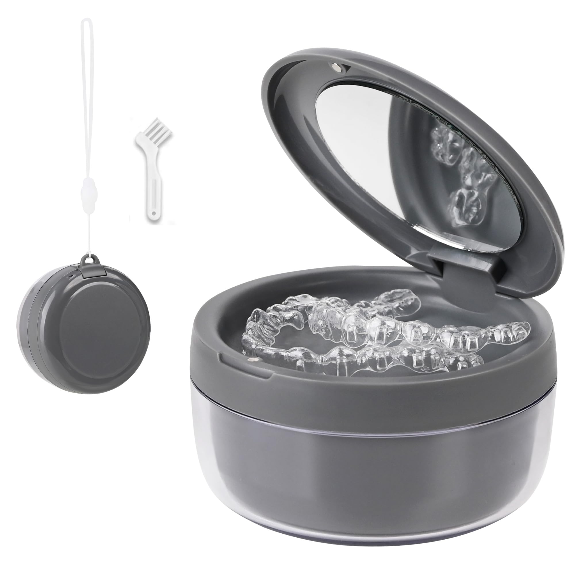Denture case with upper storage tray and screw-top lid