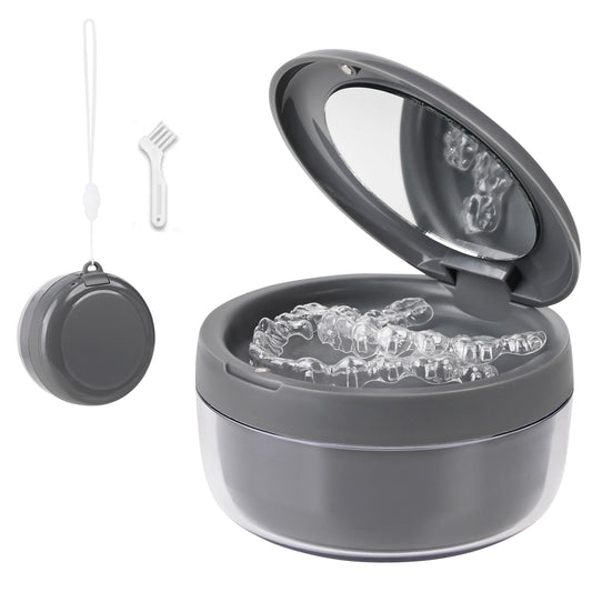 Denture case with upper storage tray and screw-top lid