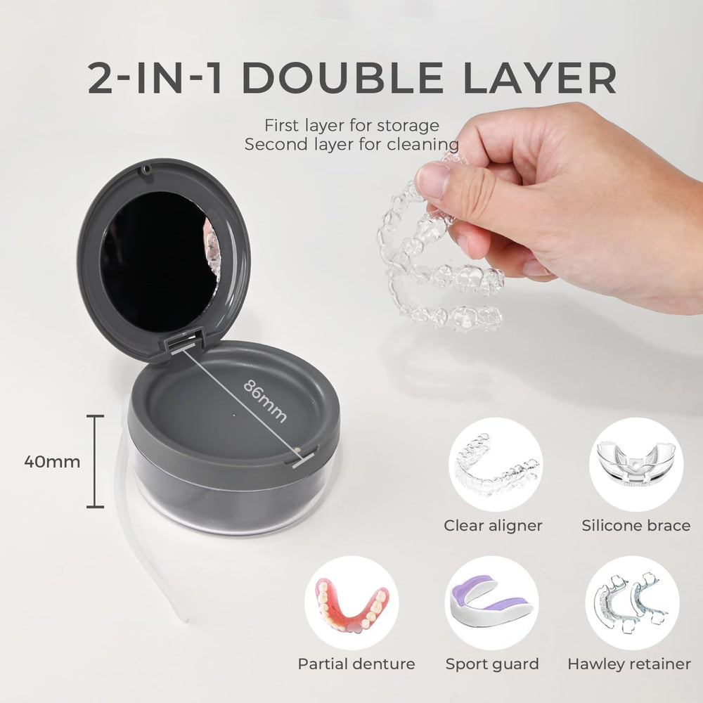 Compact mirror inside denture case for hygienic insertion and removal