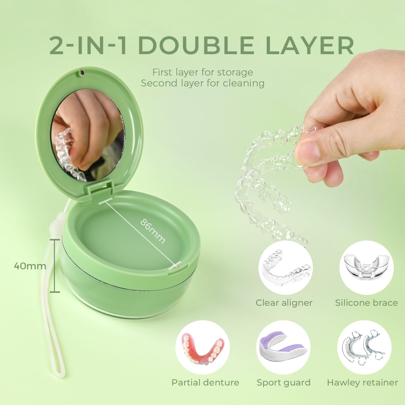 Built-in compact mirror inside the denture case