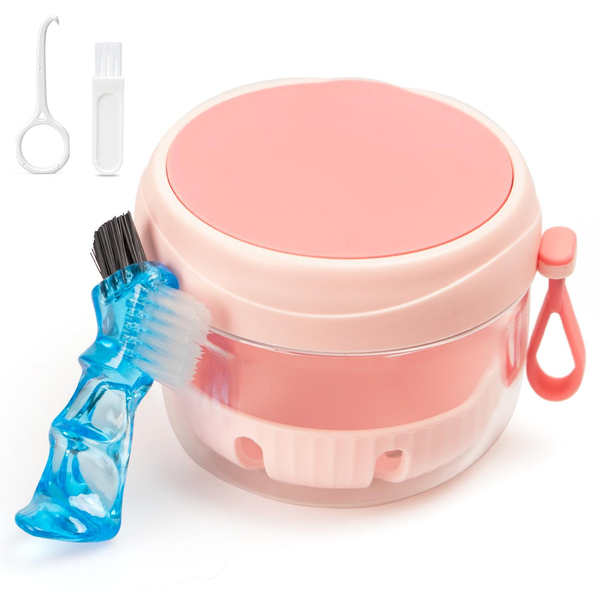 Leak-proof pink denture case travel cup with screw-top lid and gasket