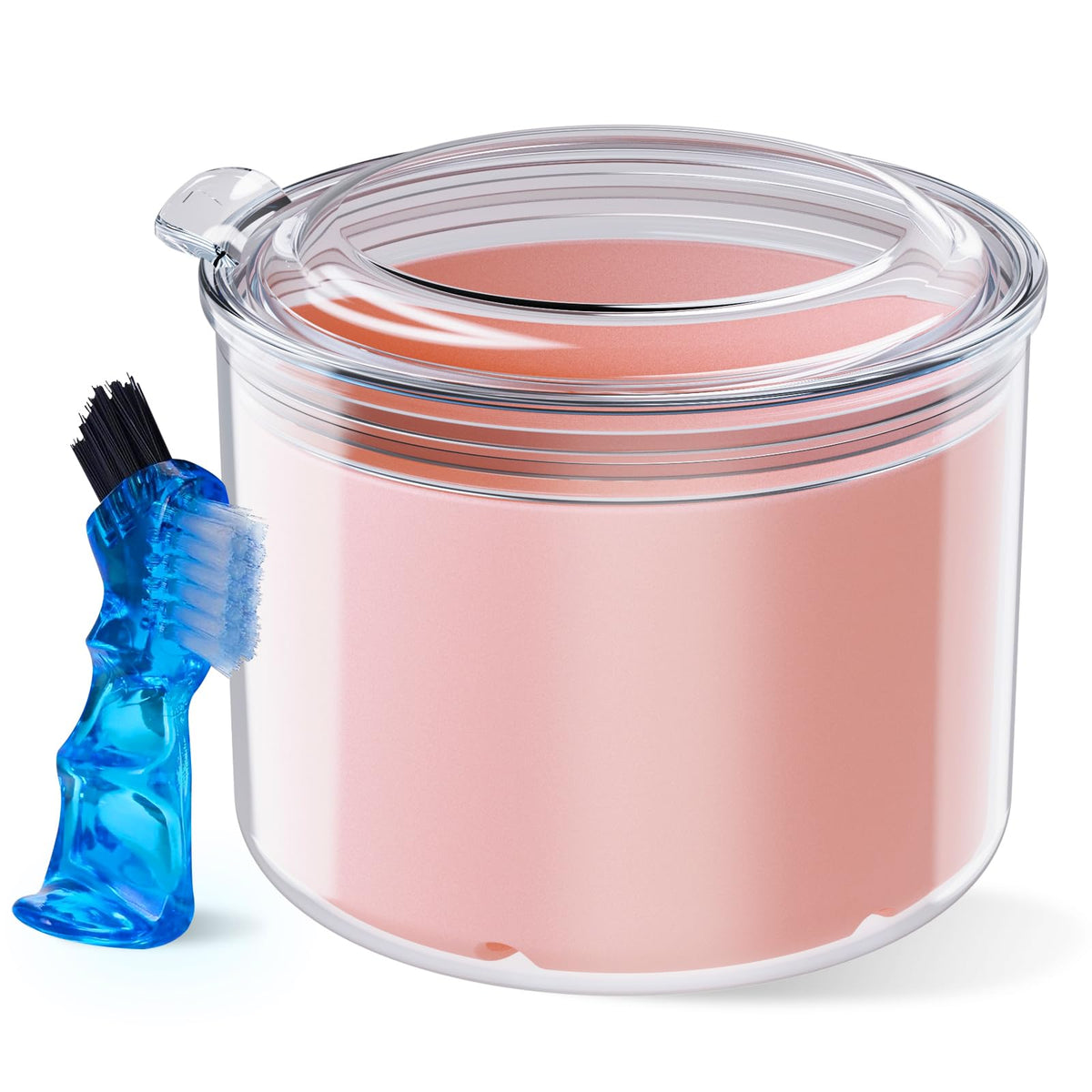 Pink denture case with lid open