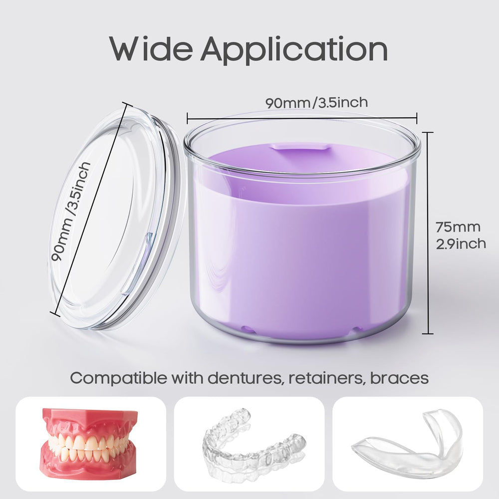 Purple denture case with built-in drain tray