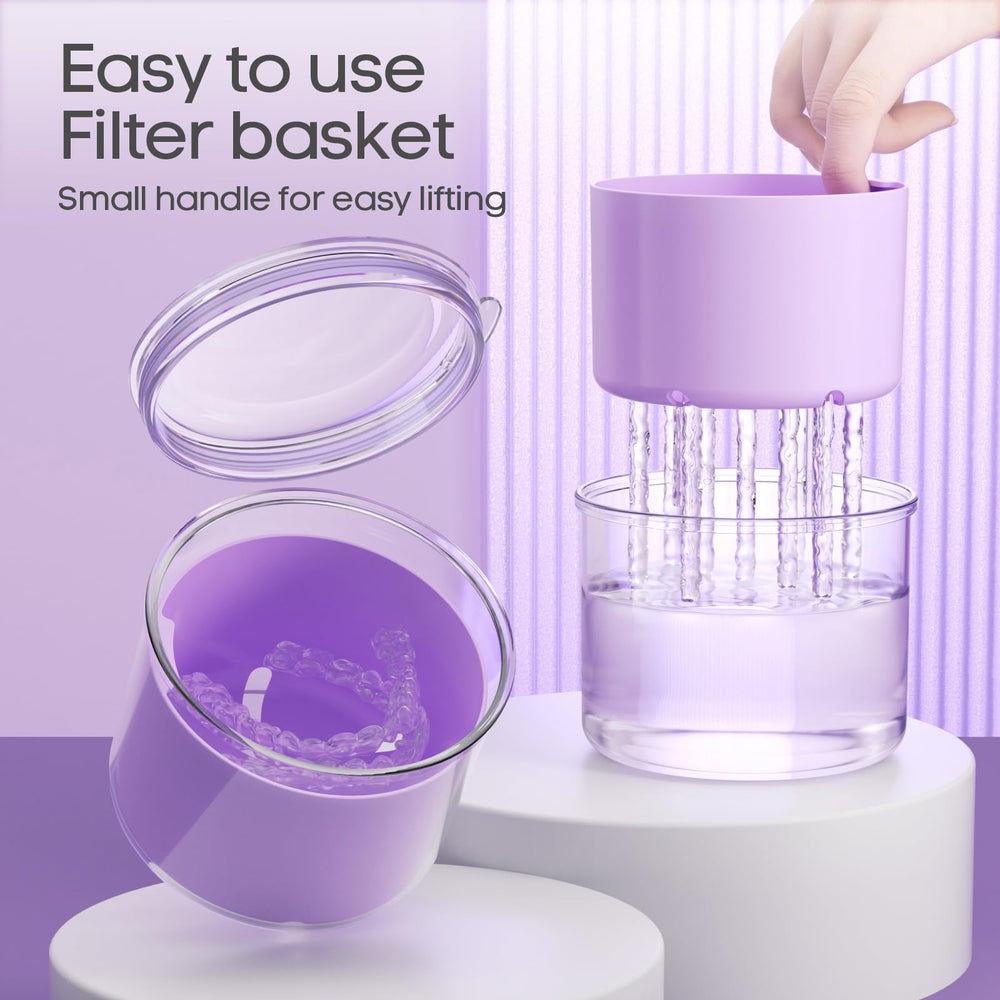 Purple denture case open showing drain tray