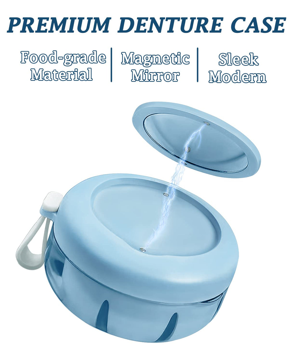 Denture case top features magnetic mirror