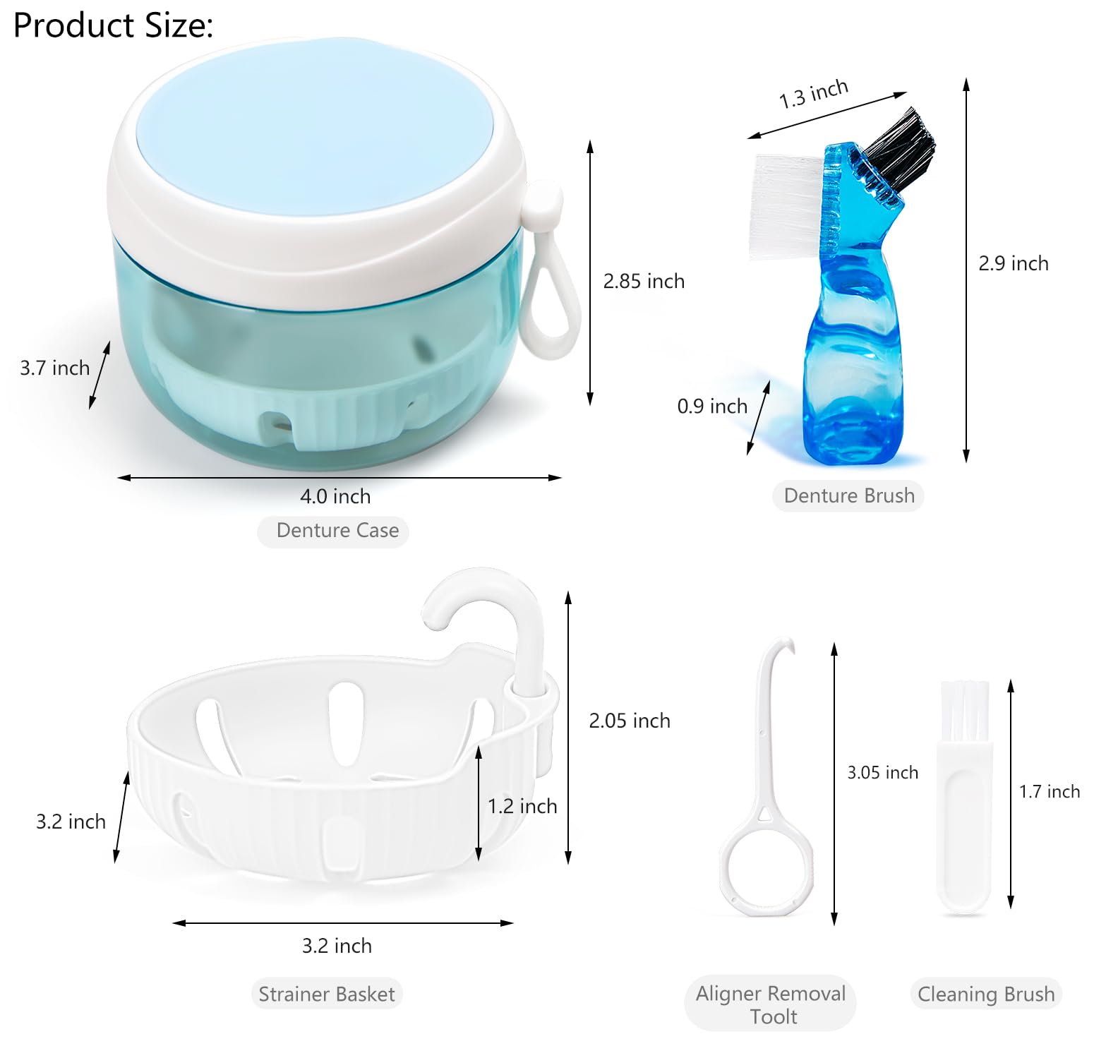 Includes strainer basket and denture cleaner brush