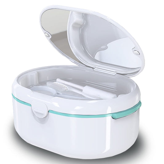Front view of white denture case with lid