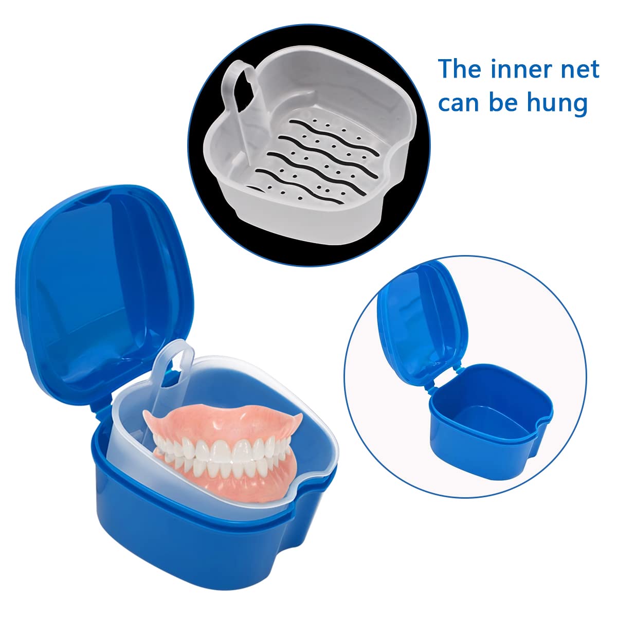 Denture bath case featuring a basket for items