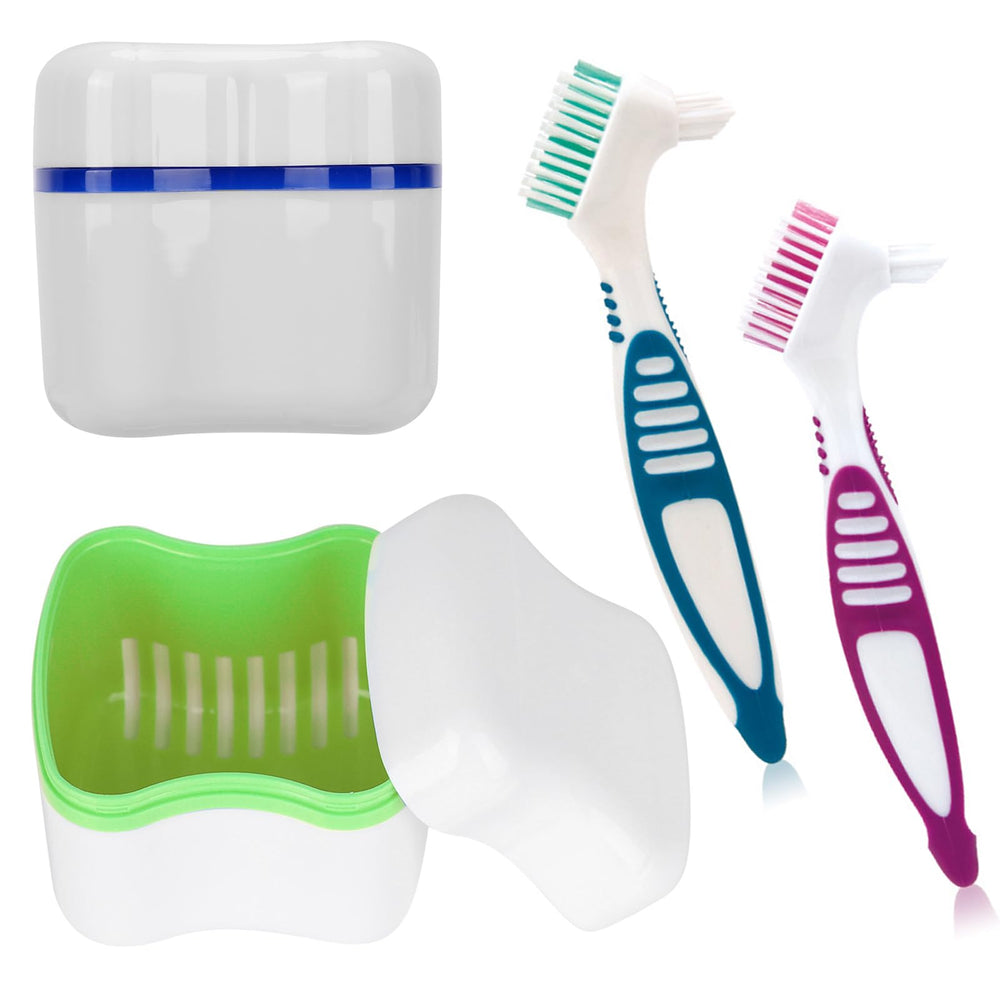 Denture cleaner box and brush set in green and dark blue, front view