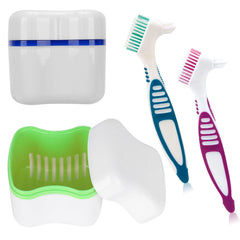 Denture cleaner box and brush set in green and dark blue, front view