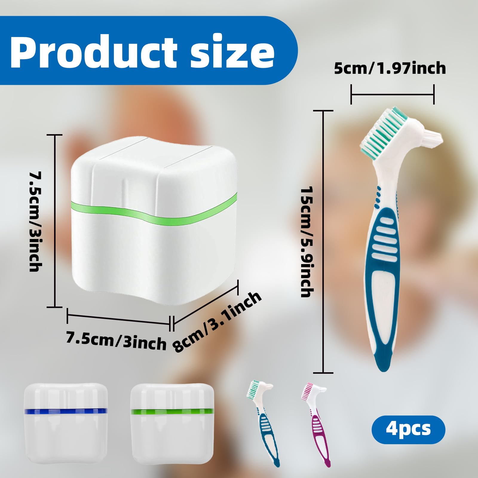 Denture cleaner box and brush set with visible basket